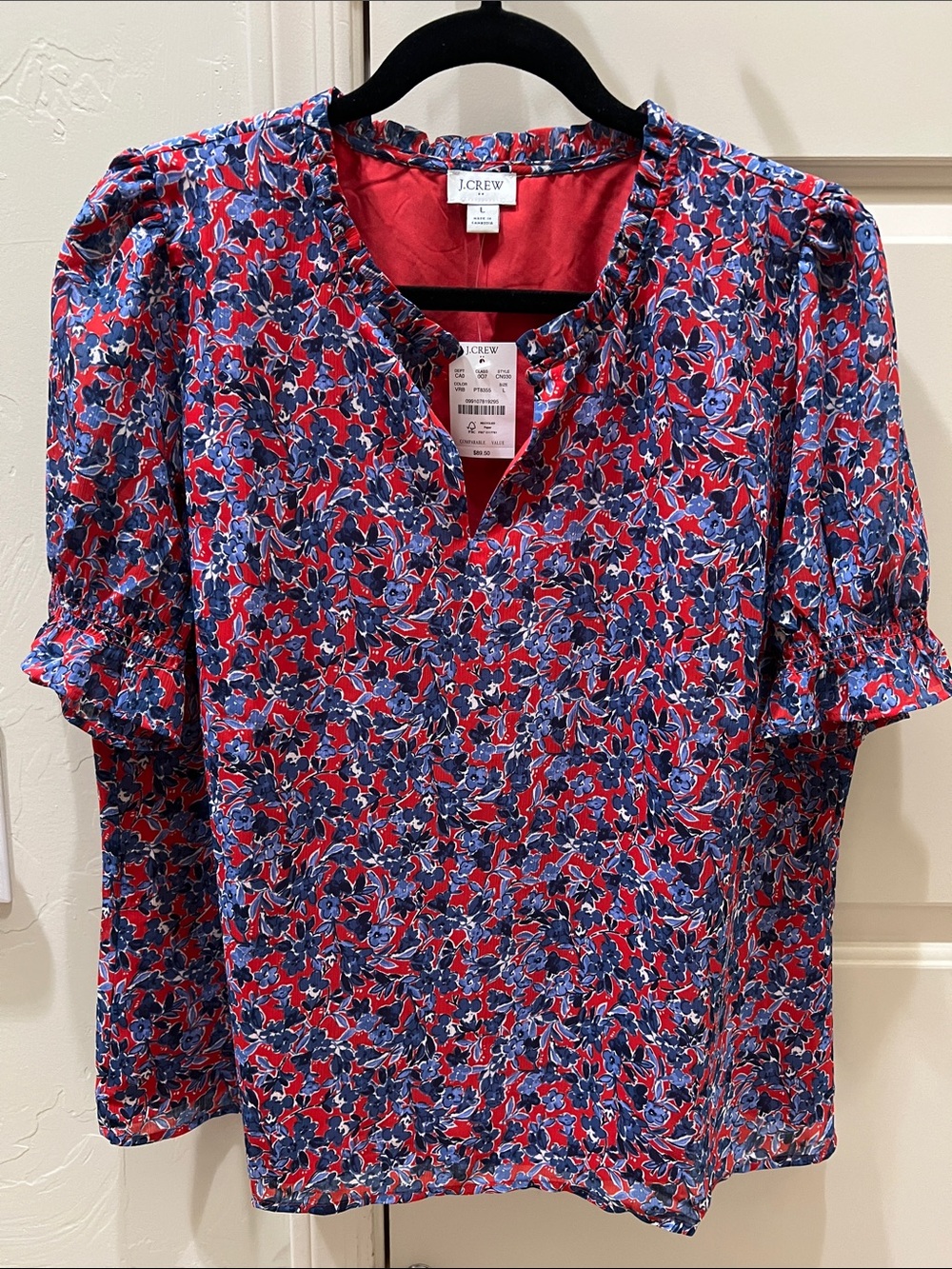 J. Crew Red and Blue Floral Split-Neck Blouse